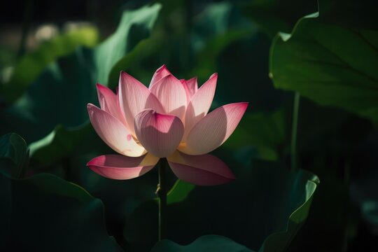 Pink lotus flower and leaves on dark background, created using generative ai technology