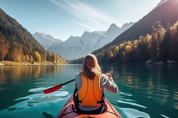 Back view of woman kayaking in crystal lake near alps. Generative AI