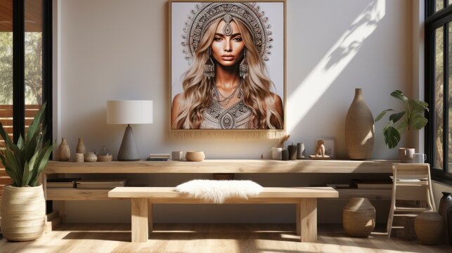 Poster mock up in home interior background, home office, Scandi-boho style, 3d render.