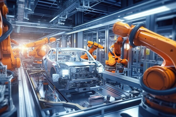 Car Factory 3D Concept Automated Robot Arm Assembly. Generative AI