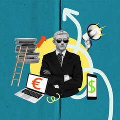 Modern art collage. Conceptual portrait of a businessman with working tools in the form of a phone, money, and laptop.