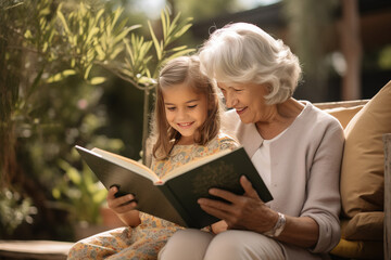 Cheerful grandmother and granddaughter are reading a book together. Generative AI