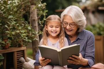 Cheerful grandmother and granddaughter are reading a book together. Generative AI - obrazy, fototapety, plakaty