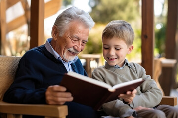 Cheerful grandfather and grandson reading book together. Generative AI - obrazy, fototapety, plakaty