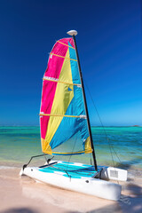 Color catamaran sailboat on tropical beach and shore of caribbean sea, summer vacation