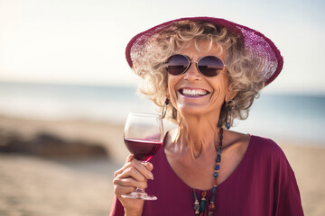 Close up portrait of mature senior woman with wine on a beach. Generative AI