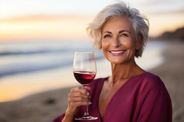 Close up portrait of mature senior woman with wine on a beach. Generative AI