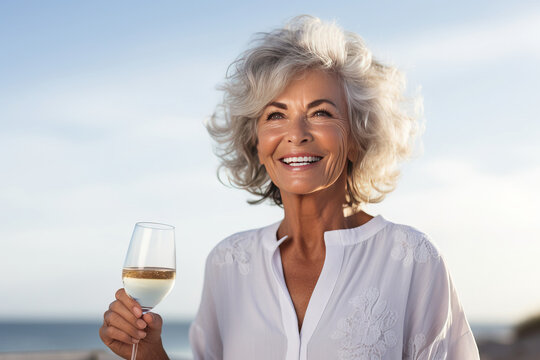 Close up portrait of mature senior woman with wine on a beach. Generative AI - Powered by Adobe