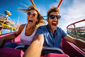 Excited couple enjoying a thrilling, high-speed ride at an amusement park. Generative AI