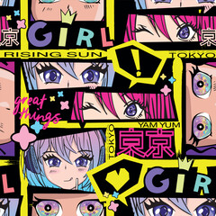 Abstract seamless pattern with anime girl. Kawaii woman repeat print. Girlish trendy style design with. girlish fashion repeat print.