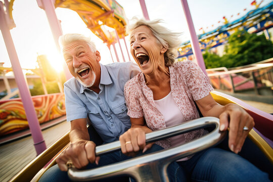 Excited Happy elderly couple enjoying a thrilling, high-speed ride at an amusement park. Generative AI
