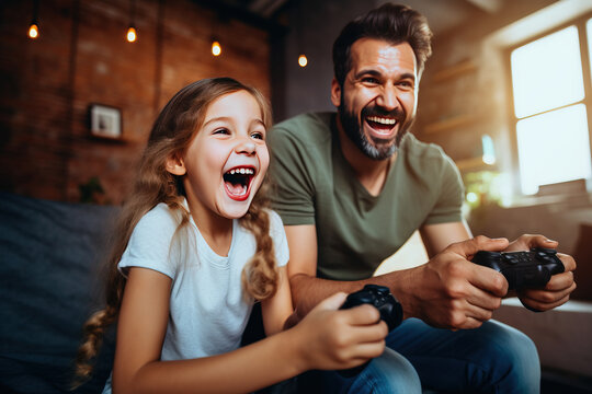 Father and daughter laugh and play video games together. Generative AI