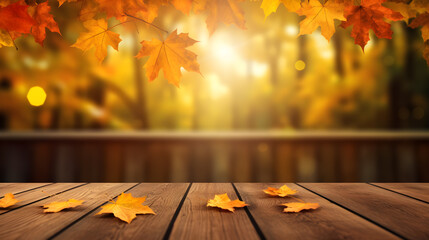 Naklejka na ściany i meble autumn background, border of radiant orange, gold, and red maple leaves frames a sunlit scene, where soft bokeh and weathered wooden table planks complete the serene composition. generative ai