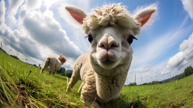 Close up of Alpaca Looking Straight Ahead in the beautiful meadow.