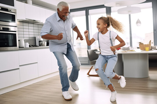 Happy grandfather and granddaughter dancing to music. Generative AI