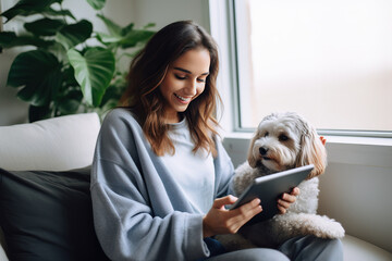 Happy young woman spending time with her pet dog at home. Generative AI