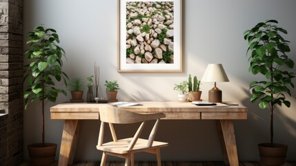 Poster mock up in home interior background, home office, Scandi-boho style, 3d render. Created with generative ai.