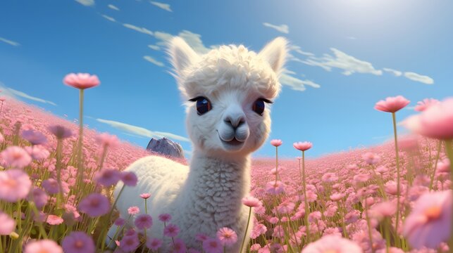 Close up of Alpaca Looking Straight Ahead in the beautiful meadow.
