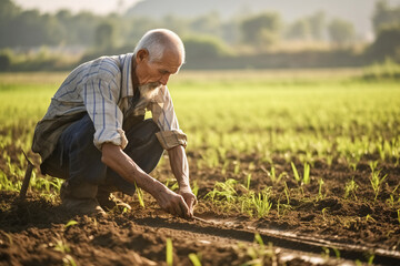 Mature man working on field as farmer. Generative AI