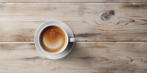 Top view with closeup of freshly brewed hot coffee cup on vintage brown wooden table