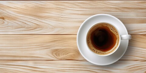 Top view with closeup of freshly brewed hot coffee cup on vintage brown wooden table