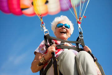 Mature senior female on a parachute. Generative AI