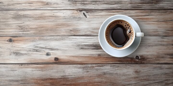 Top view with closeup of freshly brewed hot coffee cup on vintage brown wooden table