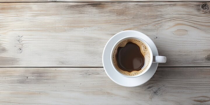 Top view with closeup of freshly brewed hot coffee cup on vintage brown wooden table