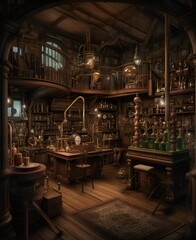 Fototapeta na wymiar Victorian Laboratory: A fantastical representation of a Victorian-era scientific lab with all kinds of period-specific tools and instruments.