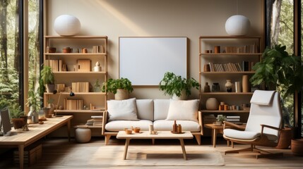 Fototapeta premium Poster mock up in home interior background, home office, Scandi-boho style,&nbsp;3d&nbsp;render. Created with generative ai.