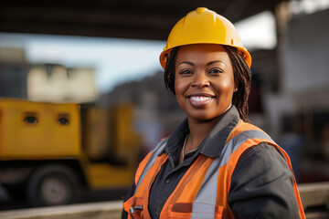 Portrait of a proud, strong, and skilled female African American construction worker, radiating toughness and professional competence in her field. Generative AI