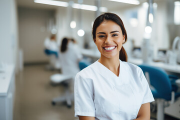 Portrait of a proud female dental hygienist student in college, smiling confidently as she represents her future occupation and the value of education . Generative AI - obrazy, fototapety, plakaty