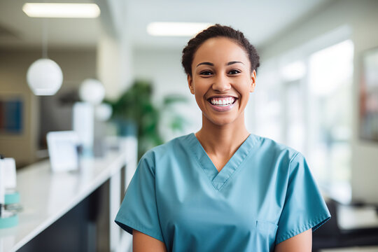 Portrait of a proud female dental hygienist student in college, smiling confidently as she represents her future occupation and the value of education . Generative AI