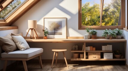 Fototapeta premium Poster mock up in home interior background, home office, Scandi-boho style,&nbsp;3d&nbsp;render. Created with generative ai.