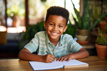Fototapeta Smiling african american child school boy doing homework while sitting at desk at home. Generative AI obraz