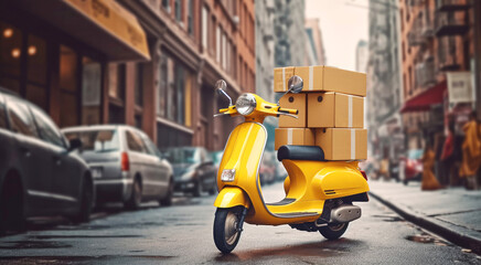 Plakat A yellow scooter parked on the city street with a stack of cardboard boxes on the trunk. Concept of courier delivery service.