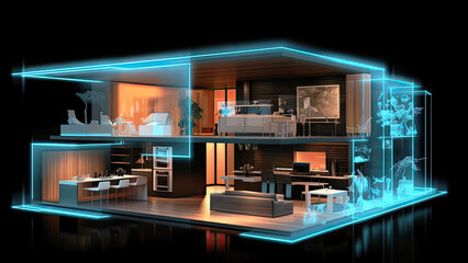 A smart home technology. Digital scheme of modern automated house.