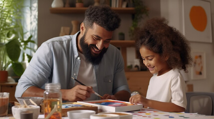 Obraz na płótnie Canvas Teaching children. Happy ethnic family father painting together with cute daughter, medium shot, profile, commercial shot, hyper-realistic details, simple background. Generative AI