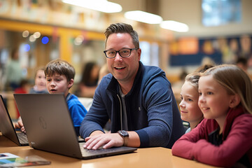 Fototapeta na wymiar Teacher and students watching laptop screen . Generative AI