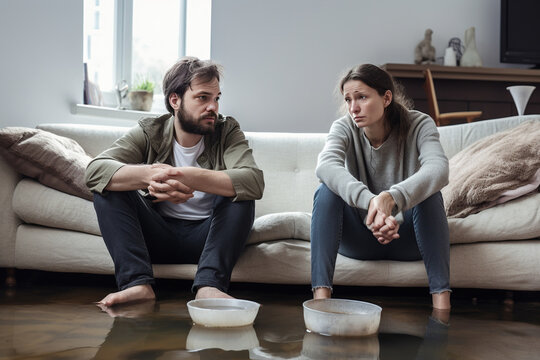 Roof is Leaking or Pipe Rupture at Home: Panicing Couple In Despair Sitting on a Sofa Watching Generative AI