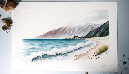 an minimalistic aquarel beach in Kefalonia Greece with faded mountains in the background 