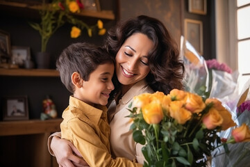 Young ethnic woman mother with flower bouquet embracing son while getting congratulations on Mother's day. Generative AI