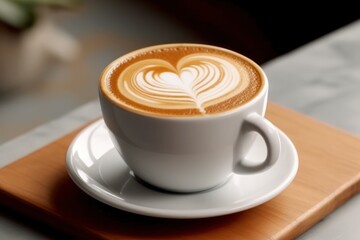 Handcrafted coffee with latte heart art in a cup with desk background - Generative AI
