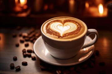 Handcrafted coffee with latte heart art in a cup with desk background - Generative AI