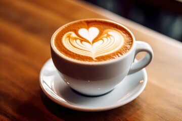 Handcrafted coffee with latte heart art in a white cup with desk background - Generative AI