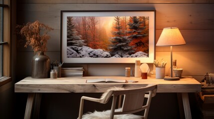 Poster mock up in home interior background, home office, Scandi-boho style,&nbsp;3d&nbsp;render. Created with generative ai.