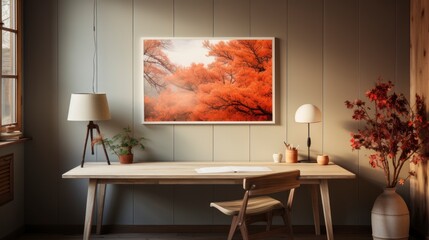 Poster mock up in home interior background, home office, Scandi-boho style, 3d render. Created with generative ai.