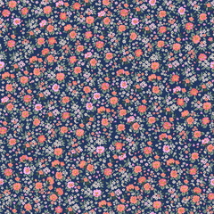 Floral pattern. Beautiful purple and red flowers on a blue background. Seamless vector texture. Spring bouquet in vintage style.