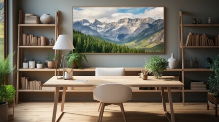 Fototapeta premium Poster mock up in home interior background, home office, Scandi-boho style,&nbsp;3d&nbsp;render. Created with generative ai.