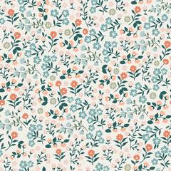 Cute floral pattern of red, pink and blue flowers with green stems. Seamless vector texture. An elegant template for fashionable prints. Light background.